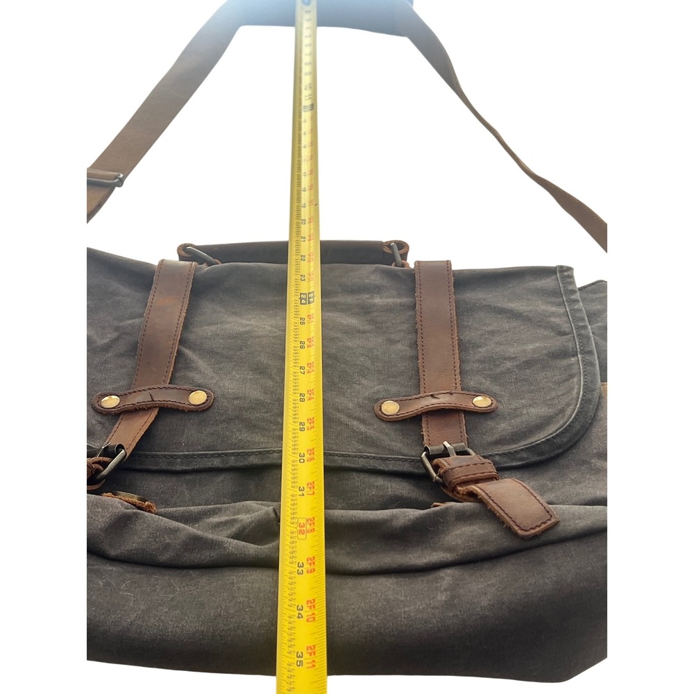 Mens Waxed Canvas Messenger Bag Leather Trim Laptop Satchel Charcoal Gray Brown - Picture 4 of 12